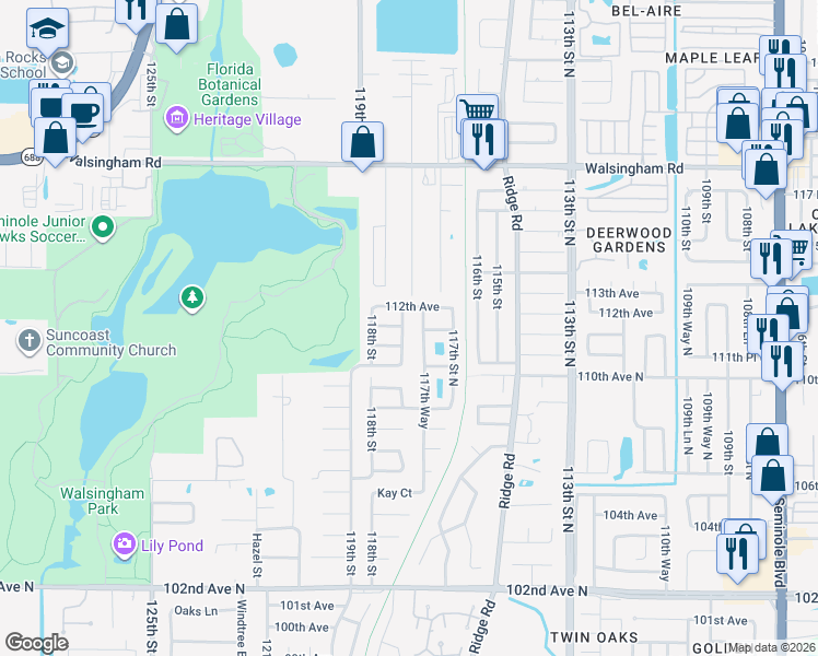 map of restaurants, bars, coffee shops, grocery stores, and more near 11143 117th Lane in Seminole