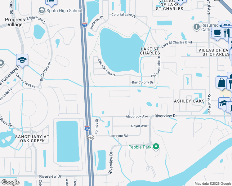 map of restaurants, bars, coffee shops, grocery stores, and more near 7255 Bucks Ford Drive in Riverview