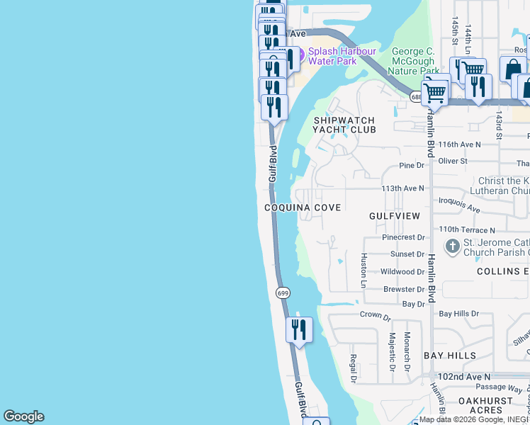 map of restaurants, bars, coffee shops, grocery stores, and more near 42 Gulf Boulevard in Indian Rocks Beach
