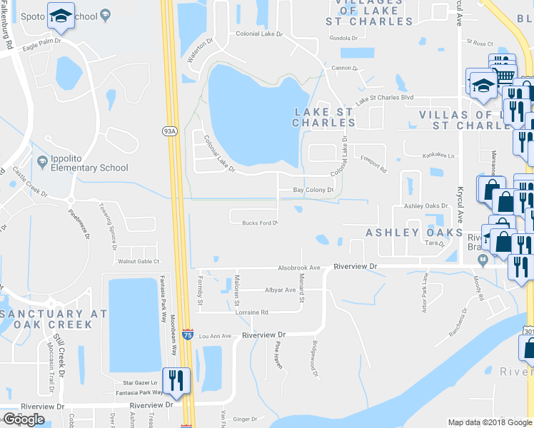 map of restaurants, bars, coffee shops, grocery stores, and more near 7269 Bucks Ford Drive in Riverview