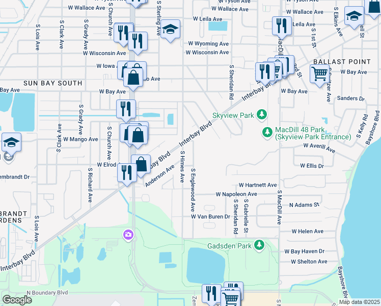 map of restaurants, bars, coffee shops, grocery stores, and more near 6411 South Englewood Avenue in Tampa