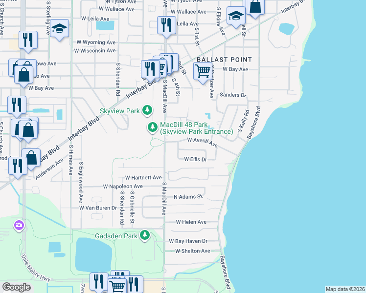 map of restaurants, bars, coffee shops, grocery stores, and more near 2929 West Elrod Avenue in Tampa