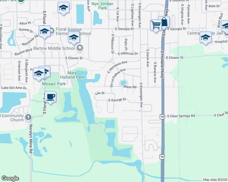 map of restaurants, bars, coffee shops, grocery stores, and more near 2120 De La Palma Avenue in Bartow