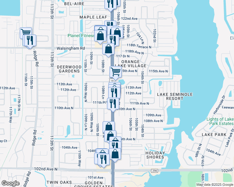 map of restaurants, bars, coffee shops, grocery stores, and more near 11204 106th Street in Largo