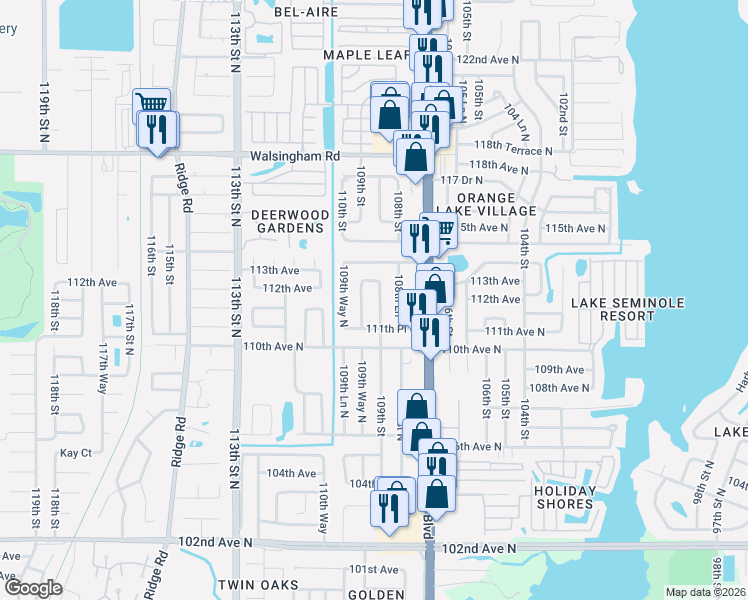 map of restaurants, bars, coffee shops, grocery stores, and more near 11190 108th Way North in Seminole