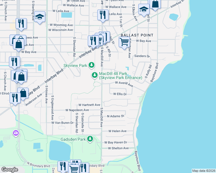 map of restaurants, bars, coffee shops, grocery stores, and more near 2929 West Elrod Avenue in Tampa