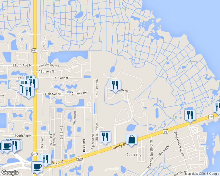 map of restaurants, bars, coffee shops, grocery stores, and more near 580 Shoreham Court Northeast in St. Petersburg