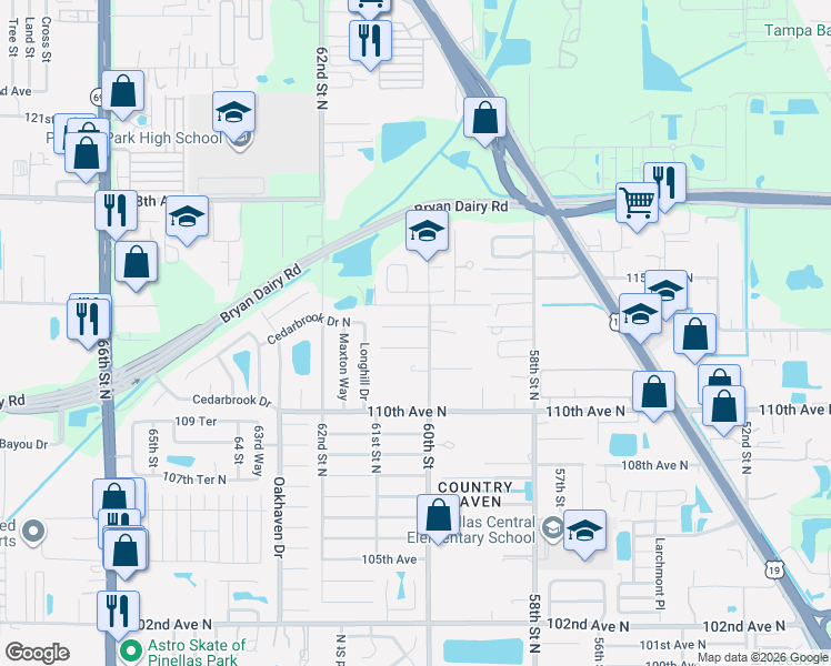 map of restaurants, bars, coffee shops, grocery stores, and more near 6050 113th Avenue North in Pinellas Park