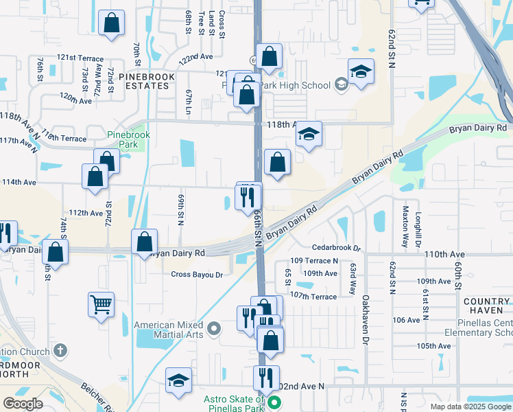 map of restaurants, bars, coffee shops, grocery stores, and more near 11350 66th Street North in Largo