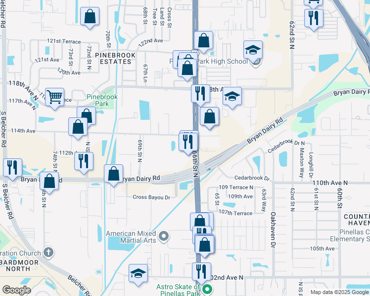 map of restaurants, bars, coffee shops, grocery stores, and more near 11300 66th Street North in Largo