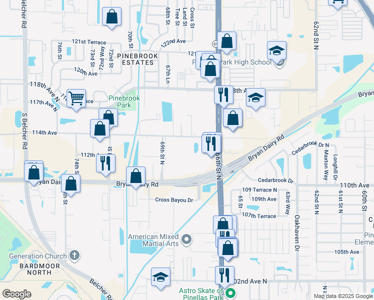 map of restaurants, bars, coffee shops, grocery stores, and more near 11300 66th Street North in Largo