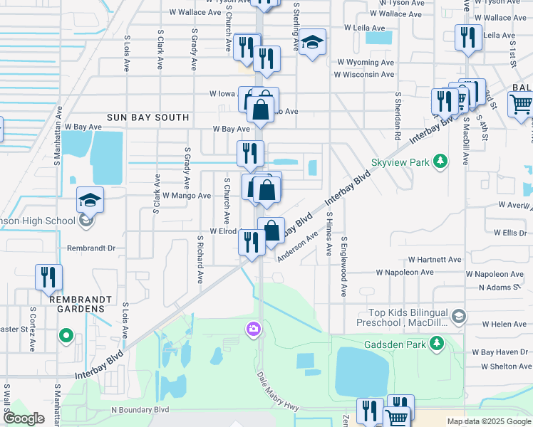 map of restaurants, bars, coffee shops, grocery stores, and more near 6310 Florida 573 in Tampa
