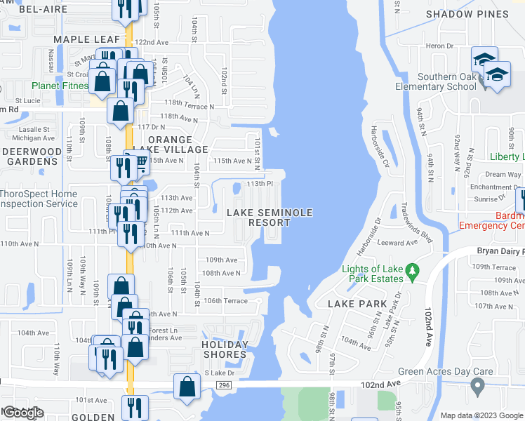 map of restaurants, bars, coffee shops, grocery stores, and more near 11105 101st Street North in Largo