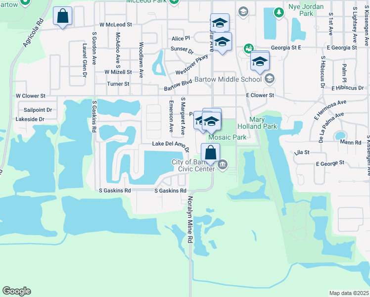 map of restaurants, bars, coffee shops, grocery stores, and more near 328 Lake Del Amo Drive in Bartow
