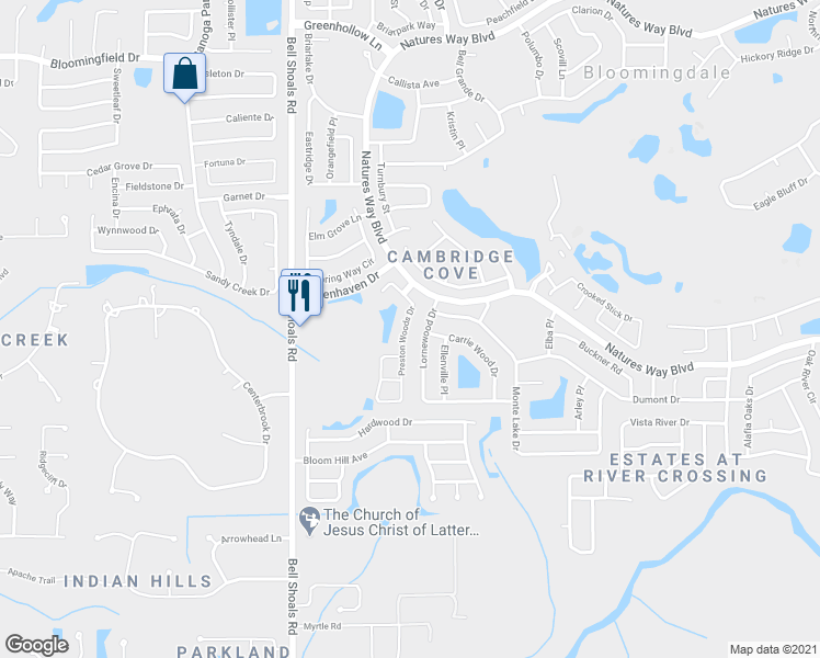 map of restaurants, bars, coffee shops, grocery stores, and more near 4520 Preston Woods Drive in Valrico