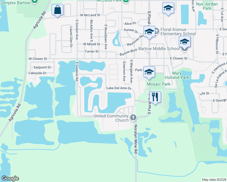 map of restaurants, bars, coffee shops, grocery stores, and more near 2055 South Floral Avenue in Bartow