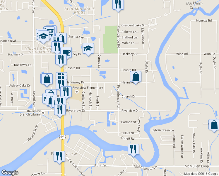 map of restaurants, bars, coffee shops, grocery stores, and more near 7403 Capitano Cove in Riverview