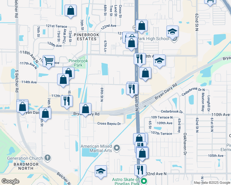 map of restaurants, bars, coffee shops, grocery stores, and more near 11300 66th Street North in Largo
