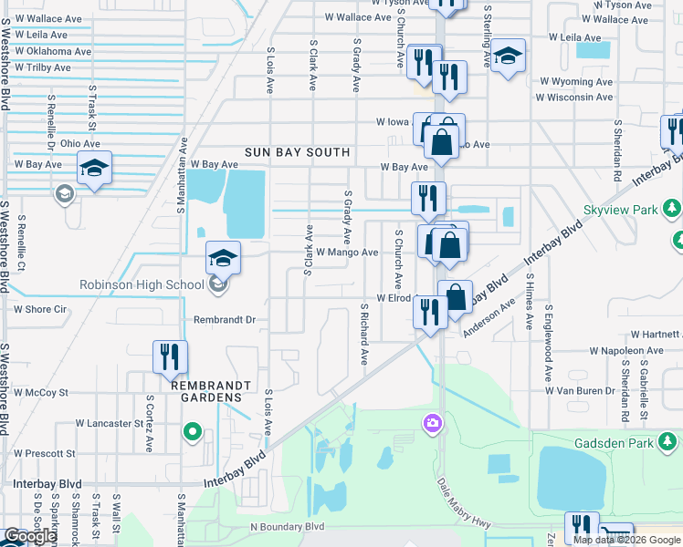 map of restaurants, bars, coffee shops, grocery stores, and more near 4001 Southernwood Court in Tampa