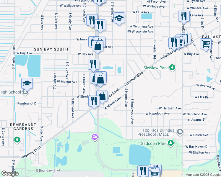 map of restaurants, bars, coffee shops, grocery stores, and more near 3716 West Elrod Avenue in Tampa