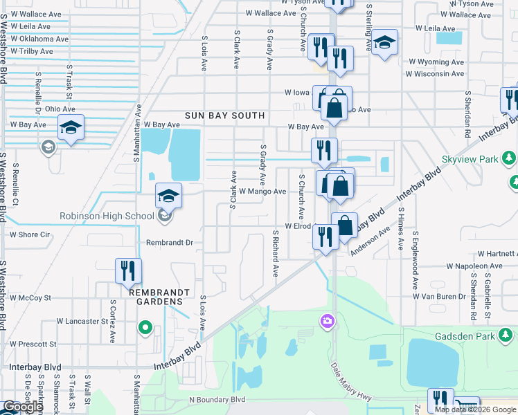 map of restaurants, bars, coffee shops, grocery stores, and more near 4001 Southernwood Court in Tampa