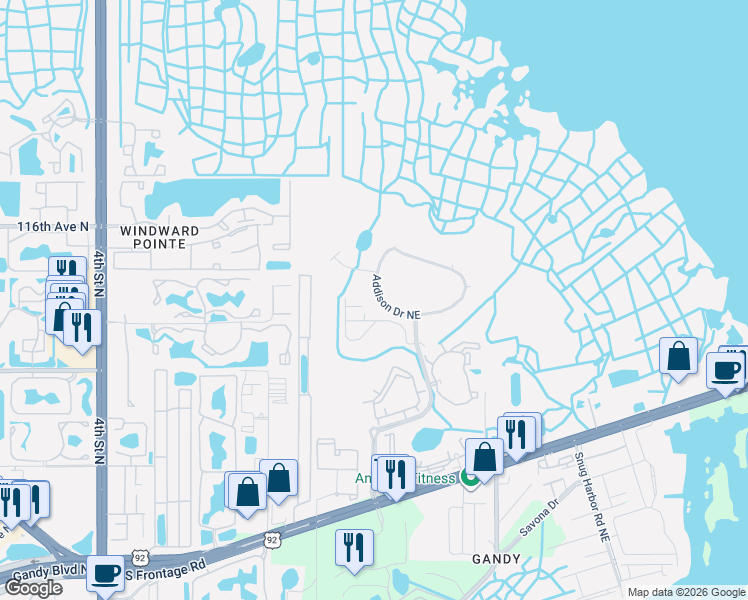map of restaurants, bars, coffee shops, grocery stores, and more near 580 Shoreham Court Northeast in St. Petersburg
