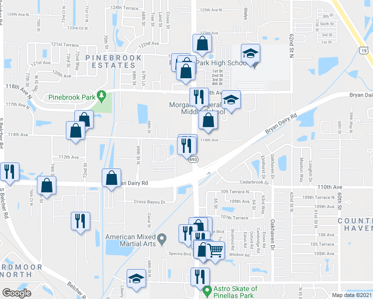 map of restaurants, bars, coffee shops, grocery stores, and more near 11350 66th Street North in Largo