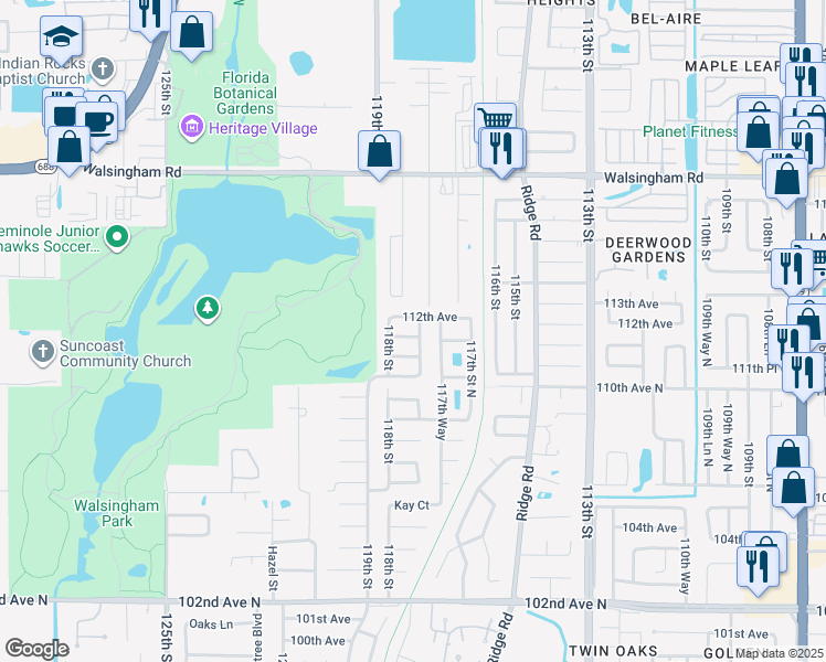 map of restaurants, bars, coffee shops, grocery stores, and more near 11767 111th Terrace in Seminole