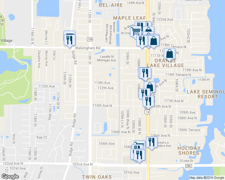 map of restaurants, bars, coffee shops, grocery stores, and more near 11188 111th Street North in Largo