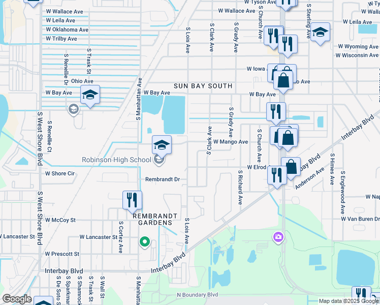map of restaurants, bars, coffee shops, grocery stores, and more near 138 West Mango Avenue in Tampa
