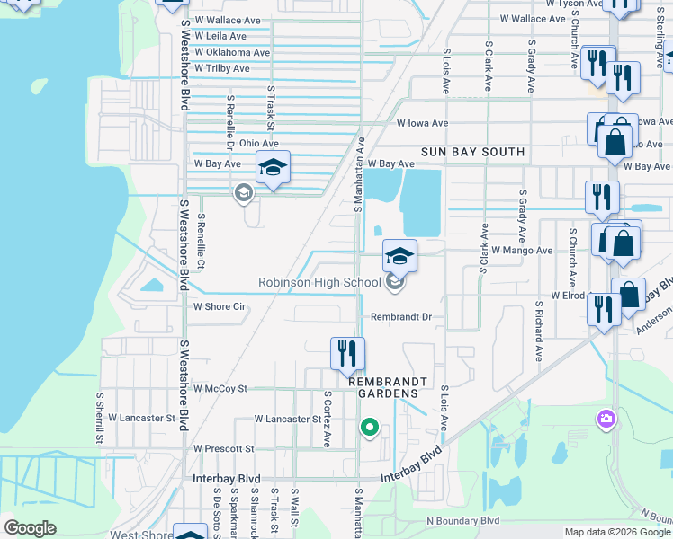 map of restaurants, bars, coffee shops, grocery stores, and more near 6348 South Lansdale Circle in Tampa