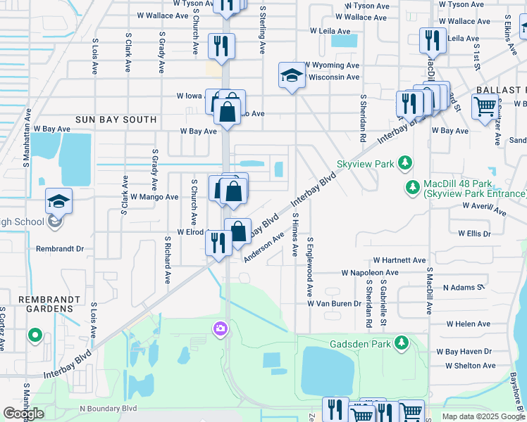 map of restaurants, bars, coffee shops, grocery stores, and more near 3716 West Elrod Avenue in Tampa