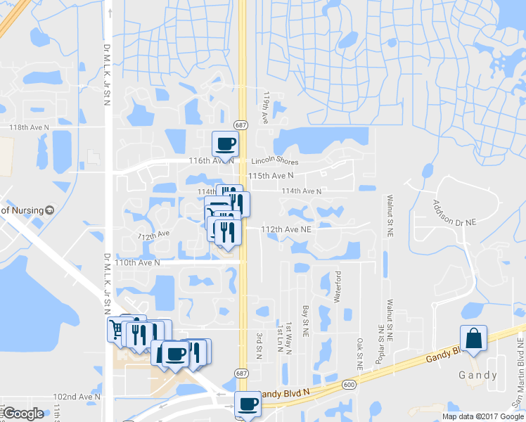 map of restaurants, bars, coffee shops, grocery stores, and more near 391 112th Avenue North in St. Petersburg
