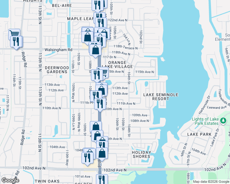 map of restaurants, bars, coffee shops, grocery stores, and more near 10574 112th Avenue in Largo