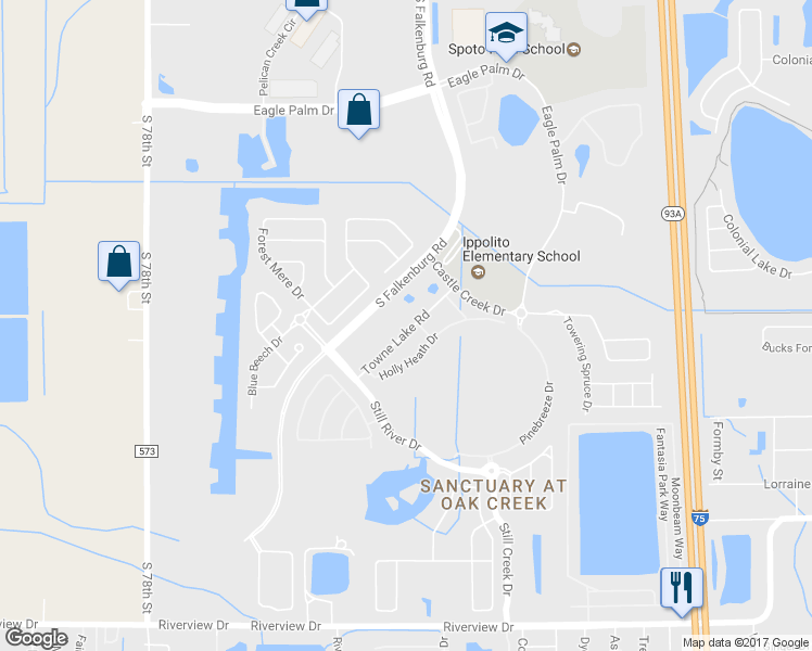 map of restaurants, bars, coffee shops, grocery stores, and more near 7011 Towne Lake Road in Riverview