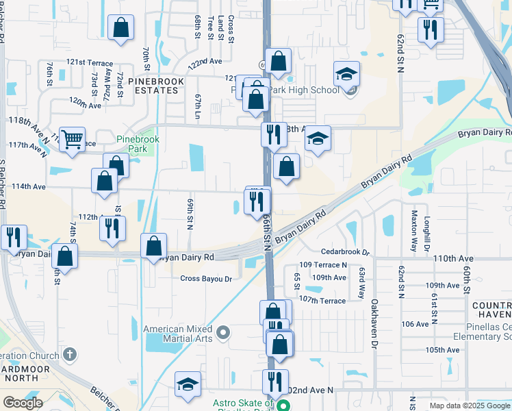 map of restaurants, bars, coffee shops, grocery stores, and more near 11350 66th Street North in Largo