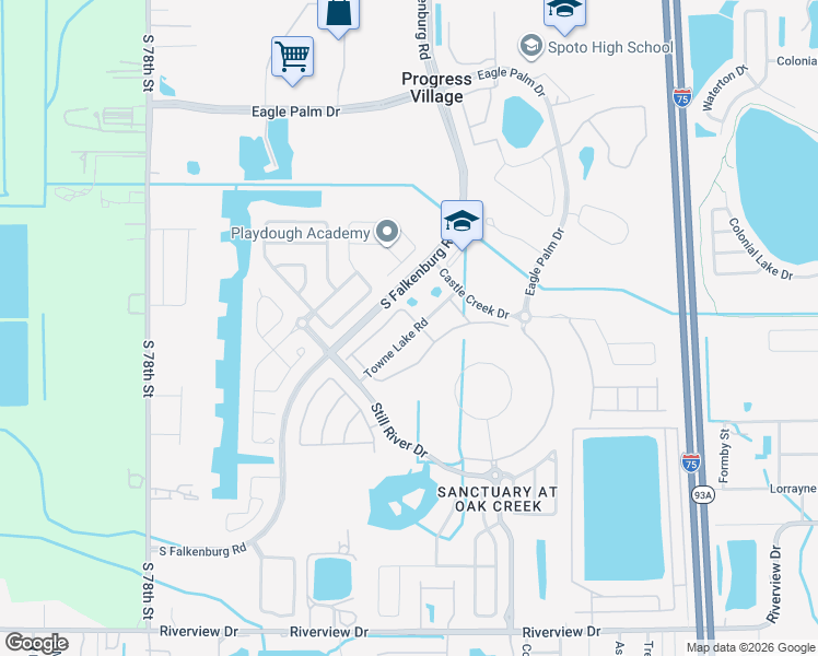 map of restaurants, bars, coffee shops, grocery stores, and more near 7025 Towne Lake Road in Riverview