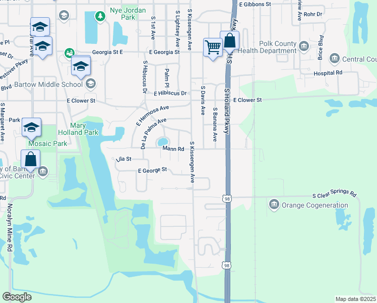 map of restaurants, bars, coffee shops, grocery stores, and more near 2150 De Las Flores Avenue in Bartow