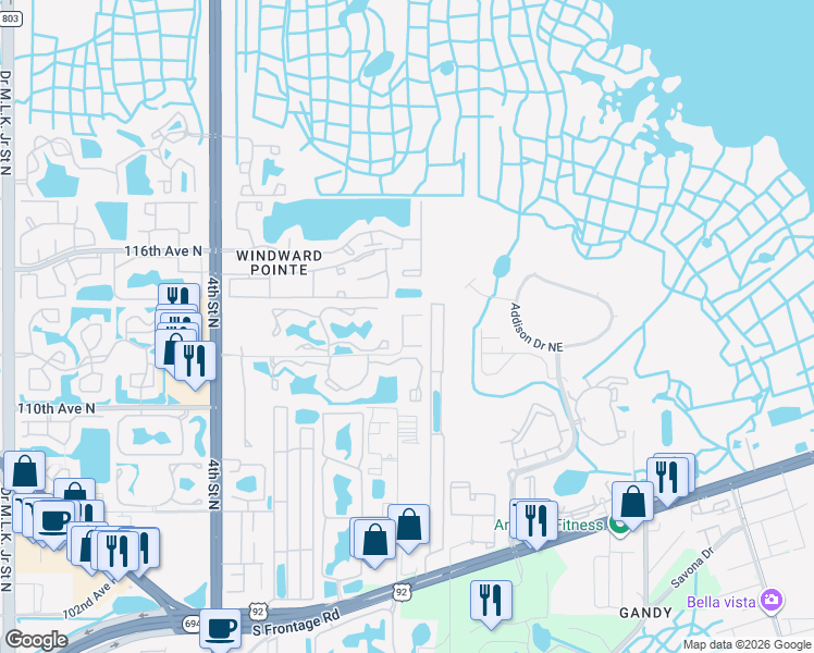 map of restaurants, bars, coffee shops, grocery stores, and more near 101-185 112th Avenue Northeast in Saint Petersburg