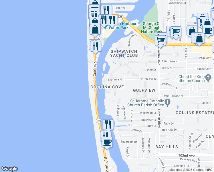 map of restaurants, bars, coffee shops, grocery stores, and more near 15010 113th Avenue North in Largo