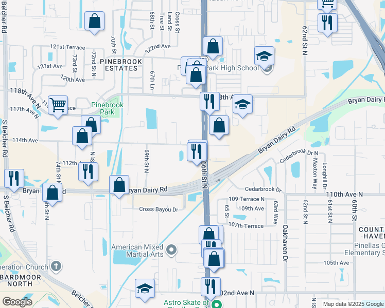 map of restaurants, bars, coffee shops, grocery stores, and more near 11350 66th Street North in Largo