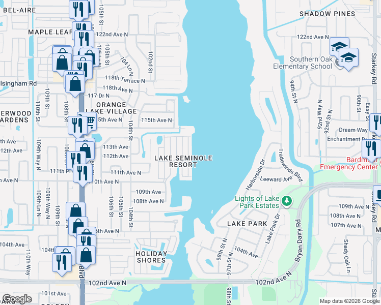 map of restaurants, bars, coffee shops, grocery stores, and more near 11101 100th Street in Largo