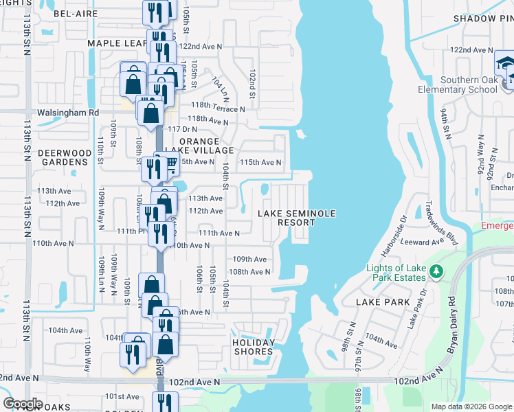 map of restaurants, bars, coffee shops, grocery stores, and more near 11127 102nd Way in Largo