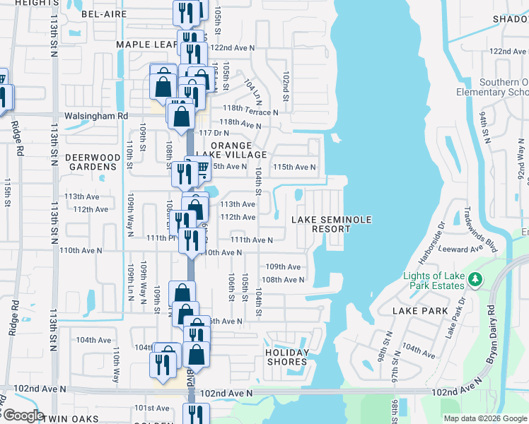 map of restaurants, bars, coffee shops, grocery stores, and more near 10345 111th Place North in Largo