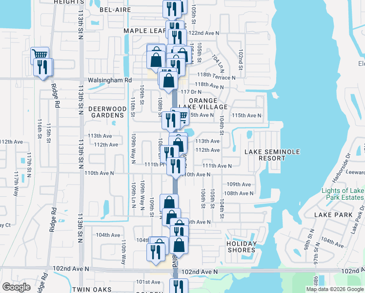 map of restaurants, bars, coffee shops, grocery stores, and more near 11204 106th Street in Largo