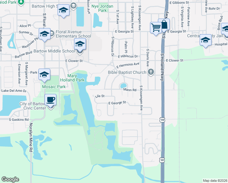 map of restaurants, bars, coffee shops, grocery stores, and more near 2120 De La Palma Avenue in Bartow