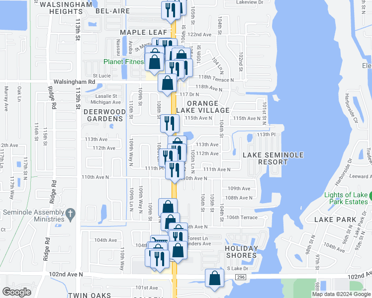 map of restaurants, bars, coffee shops, grocery stores, and more near 10654 114th Avenue North in Largo