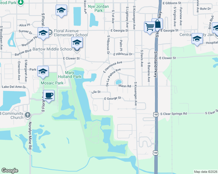 map of restaurants, bars, coffee shops, grocery stores, and more near 2120 De La Palma Avenue in Bartow