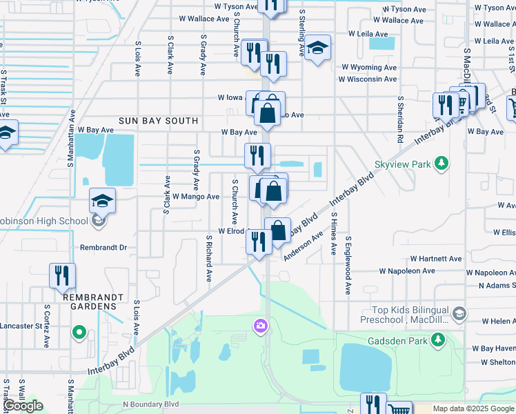 map of restaurants, bars, coffee shops, grocery stores, and more near 6314 South Harold Avenue in Tampa