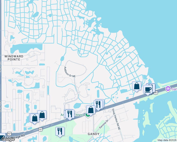 map of restaurants, bars, coffee shops, grocery stores, and more near 826 Addison Drive Northeast in St. Petersburg